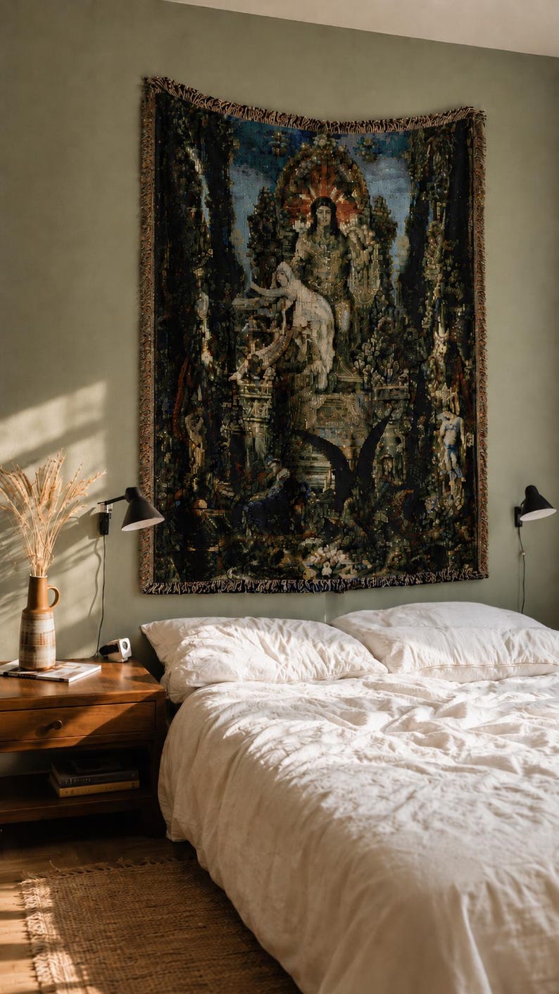 Puede incluir: Un tapiz de pared tejido rectangular que presenta una escena oscura y compleja con una figura central sentada en un trono, rodeada de follaje exuberante, elementos arquitect&oacute;nicos y un gran p&aacute;jaro negro, con un borde decorativo de flecos.