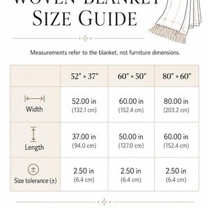 Puede incluir: Una tabla de gu&iacute;a de tallas para mantas tejidas con tres opciones: 132,1 por 94,0 cm, 152,4 por 127,0 cm y 203,2 por 152,4 cm. La tabla detalla el ancho, el largo y una tolerancia de tama&ntilde;o de 6,4 cm para cada manta.