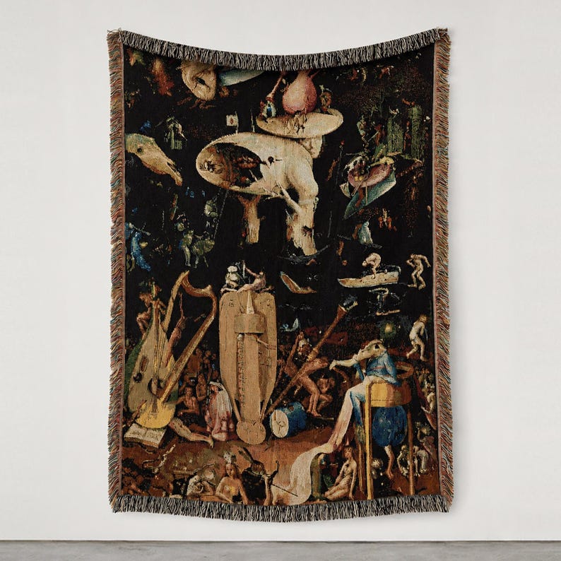Jordiska fröjdernas trädgård Helvetespanel Vävd gobelängfilt, Hieronymus Bosch väggbonad bild 1