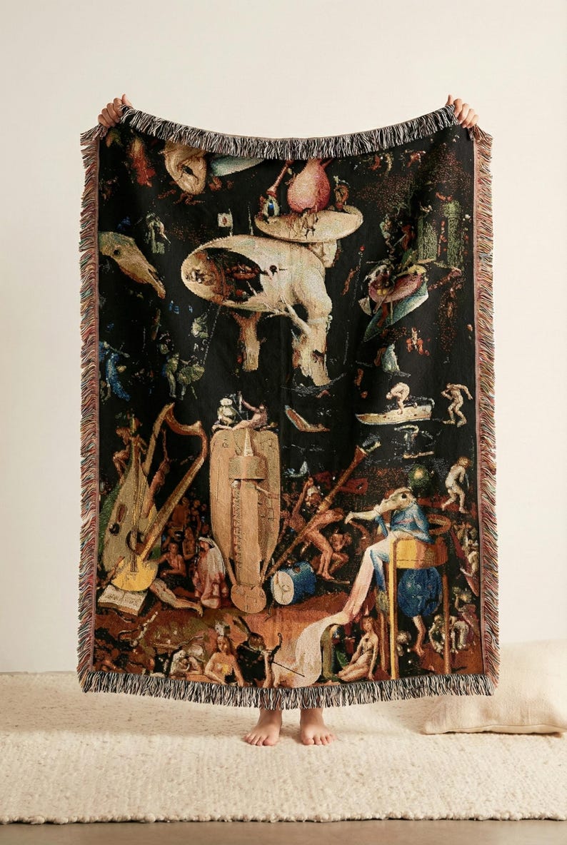 Jordiska fröjdernas trädgård Helvetespanel Vävd gobelängfilt, Hieronymus Bosch väggbonad bild 3