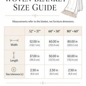 Puede incluir: Una tabla de gu&iacute;a de tallas para mantas tejidas con tres opciones: 132,1 por 94,0 cm, 152,4 por 127,0 cm y 203,2 por 152,4 cm. La tabla detalla el ancho, el largo y una tolerancia de tama&ntilde;o de 6,4 cm para cada manta.