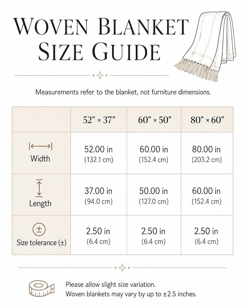 Puede incluir: Una tabla de gu&iacute;a de tallas para mantas tejidas con tres opciones: 132,1 por 94,0 cm, 152,4 por 127,0 cm y 203,2 por 152,4 cm. La tabla detalla el ancho, el largo y una tolerancia de tama&ntilde;o de 6,4 cm para cada manta.