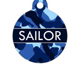 Pet ID Tag -Sailor Navy Blue Camo Custom Name on Front