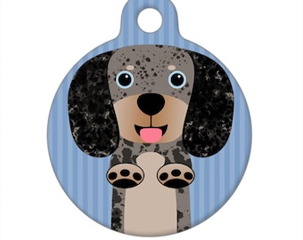 Etiqueta de identificación de mascota: Dachshund moteado gris y negro