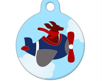 Pet ID Tag - Chocolate Brown Dog Flying Around
