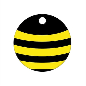 May include: A round, black and yellow ornament with a bee pattern. The ornament has a hole at the top for hanging.