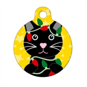 Pet ID Tag - Merry Christmas Lights Kitty Black Cat