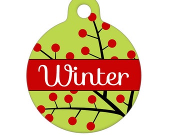 Pet ID Tag - Winter Berries Custom Name on Front