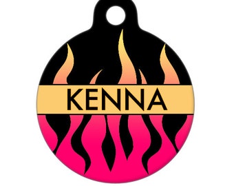Pet ID Tag - Kenna Pink Flames Custom Name on Front