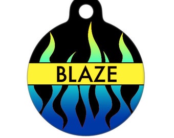 Pet ID Tag - Blaze Blue Flames Custom Name on Front