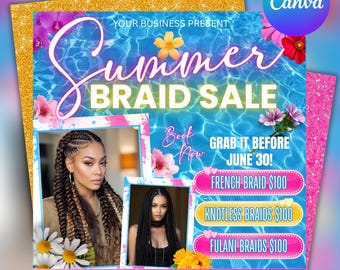 Summer Braid Sale Flyer, Hair & Lashes, Canva Template (Digital Download)