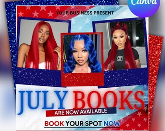 Folleto de reservas de julio: Cabello, pestañas, cejas, uñas y peluca - Canva editable (descarga digital)