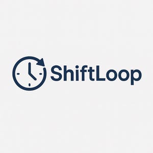 May include: A navy blue logo on a white background. The logo features a clock icon with an arrow, and the text "ShiftLoop" in a sans-serif font.