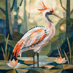May include: A square framed wall art piece featuring a stylized crane with white and orange plumage standing in a pond with lotus flowers. The background depicts a forest with geometric shapes in shades of green, blue, and soft yellow light.