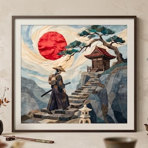 May include: A framed fabric wall art piece depicting a traveler in a conical hat and dark robes walking up stone stairs toward a temple. A large red sun sits in a swirling cream sky above rocky blue cliffs and a green pine tree.