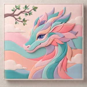 May include: A square wall art piece featuring a layered, three-dimensional relief of a dragon head in pastel shades of teal, pink, lavender, and peach. The dragon is set against a stylized background of clouds and a tree branch with green leaves.