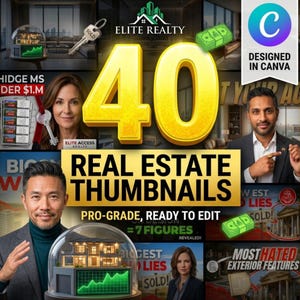 May include: A digital graphic featuring the text 40 REAL ESTATE THUMBNAILS PRO-GRADE, READY TO EDIT. The design includes images of real estate professionals, a house model under a glass dome with a green growth chart, keys, and money icons.