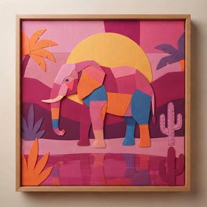 May include: A framed wall art piece featuring a colorful, layered fabric collage of an elephant standing near water. The scene includes a large yellow sun, orange palm leaves, and pink cacti against a background of purple and pink hills.