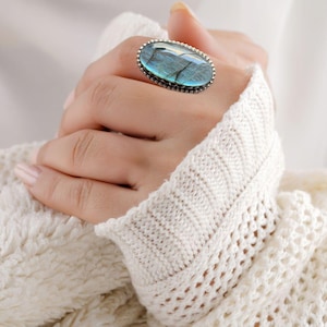 Chunky Labradorite Ring: Sterling Silver Statement Jewelry, Size 8