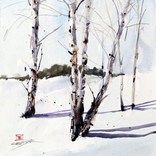 BIRCH TREES in SNOW Watercolor Watercolor Art Print by Dean Crouser