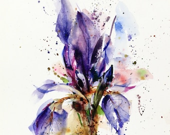 May include: Watercolor painting of a purple iris flower with a white background. The painting has a loose, impressionistic style with splashes of color.