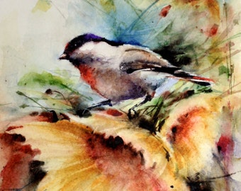 May include: Watercolor painting of a small bird perched on a branch with yellow, orange, and red leaves. The bird has a black head and a gray body. The background is a soft blue and green.