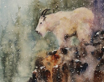 MOUNTAIN GOAT Wildlife Print, Watercolor Painting by Dean Crouser