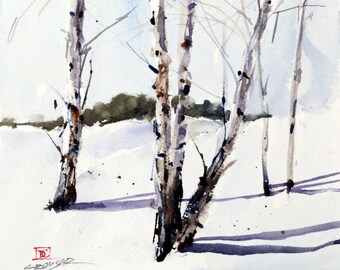 May include: A watercolor painting of three birch trees in a snowy landscape. The trees are bare and their branches are reaching up towards the sky. The snow is white and the sky is a light blue.