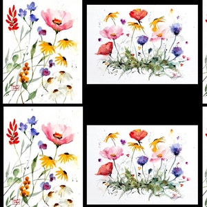 Cartes de voeux vierges FLEURS SAUVAGES et FLEURS, lot de 8, aquarelle florale par Dean Crouser