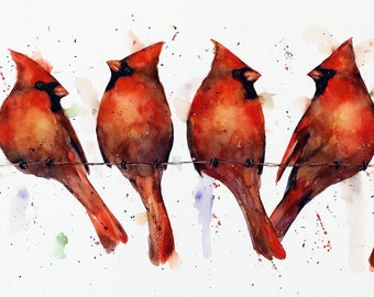 Könnte beinhalten: Fünf rote Kardinäle sitzen auf einem Draht, in Aquarell auf weißem Hintergrund mit bunten Spritzern gemalt.