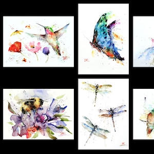 5 x 7" GREETING CARDS,  SET of 8, Bees, Hummingbird, Dragonfly, Ladybug, Blank inside, Watercolor Art by Dean Crouser