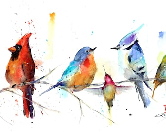 May include: Watercolor painting of seven birds perched on branches. The birds are a cardinal, a blue jay, a hummingbird, a chickadee, and three other birds with blue, red, and green feathers. The painting is done in a loose, impressionistic style.