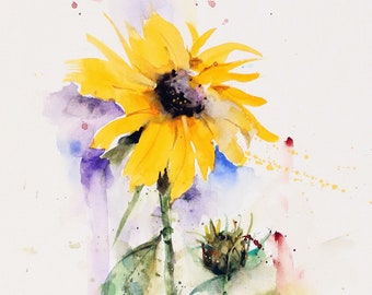 SUNFLOWER & BUD Watercolor Floral Print by Dean Crouser
