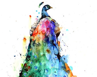 May include: Watercolor painting of a peacock with a vibrant blue, green, and purple tail. The peacock is facing to the right and the tail feathers are spread out in a fan shape. The background is a white watercolor wash with splashes of color.