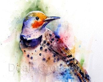 May include: Watercolor painting of a colorful bird with black spots, a yellow head, and a red breast. The bird is perched on a branch with a green background. The artist's signature, "Dean Crouser", is visible in the lower left corner of the painting.