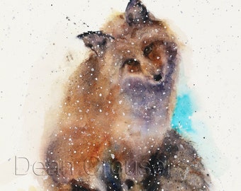 FOX in SNOW Watercolor Animal Print, Fox Painting by Dean Crouser