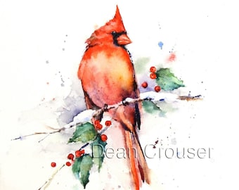 Könnte beinhalten: Ein Aquarellbild eines roten Kardinals, der auf einem Zweig mit roten Beeren und grünen Blättern sitzt. Der Hintergrund ist ein sanftes Weiß mit Aquarellspritzer.