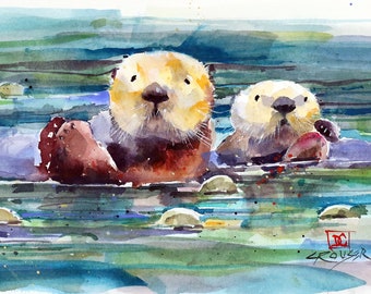 OTTER PAIR Watercolor Wildlife Print by Dean Crouser