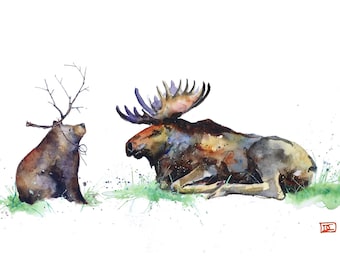BEAR with ANTLERS and MOOSE - Charming Whimsical Watercolor Animal Print by Dean Crouser
