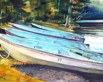 BARCOS en el LAGO Impresión de acuarela de Dean Crouser
