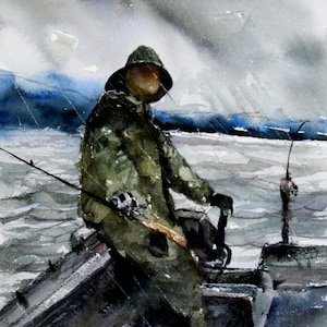 RAINY DAY FISHING, Fisherman Painting, Watercolor Print by Dean Crouser
