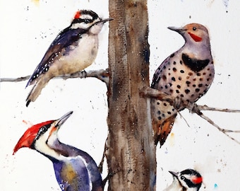 WOODPECKER Watercolor Print with Pileated, Flicker, Downy Woodpeckers by Dean Crouser