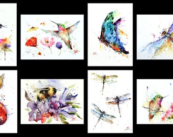 5 x 7" GREETING CARDS,  SET of 8, Bees, Hummingbird, Dragonfly, Ladybug, Blank inside, Watercolor Art by Dean Crouser