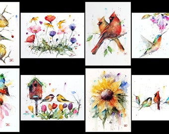 GREETING CARDS, Set of 8, Watercolors Featuring Cardinals, Sunflower, Hummingbirds, Best Sellers by Dean Crouser