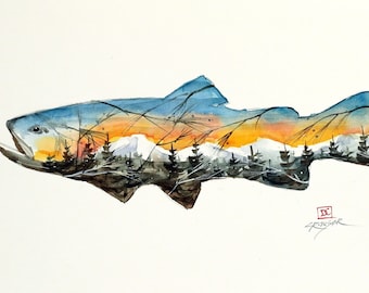 TROUT with MOUNTAINS and TREES Fish Watercolor Art by Dean Crouser
