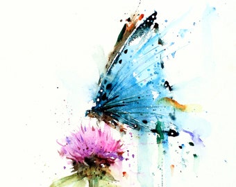 BUTTERFLY & THISTLE Watercolor Nature Floral Art by Dean Crouser