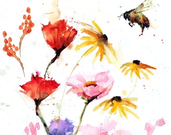 WILDFLOWERS & BEE Watercolor Nature Floral Print by Dean Crouser