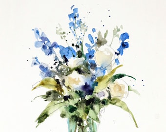 May include: A watercolor painting of a bouquet of blue and white flowers in a clear glass vase. The flowers are arranged in a loose, natural style, and the vase is simple and elegant.