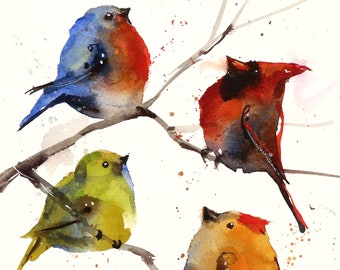 Könnte beinhalten: Aquarellmalerei von vier Vögeln auf Ästen. Die Vögel sind in Blau-, Rot-, Grün- und Orangetönen gehalten. Das Kunstwerk hat einen lockeren, ausdrucksstarken Stil mit sichtbaren Pinselstrichen und Aquarellspritzern.