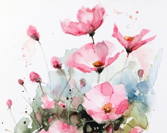 COSMOS WILDFLOWERS - Vibrant Floral Watercolor Print by Dean Crouser